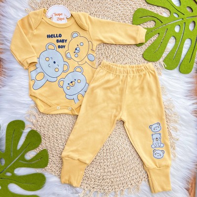  Kit 6 Peças - Hello Baby Boy - Azul Jeans, Mescla e Mostarda